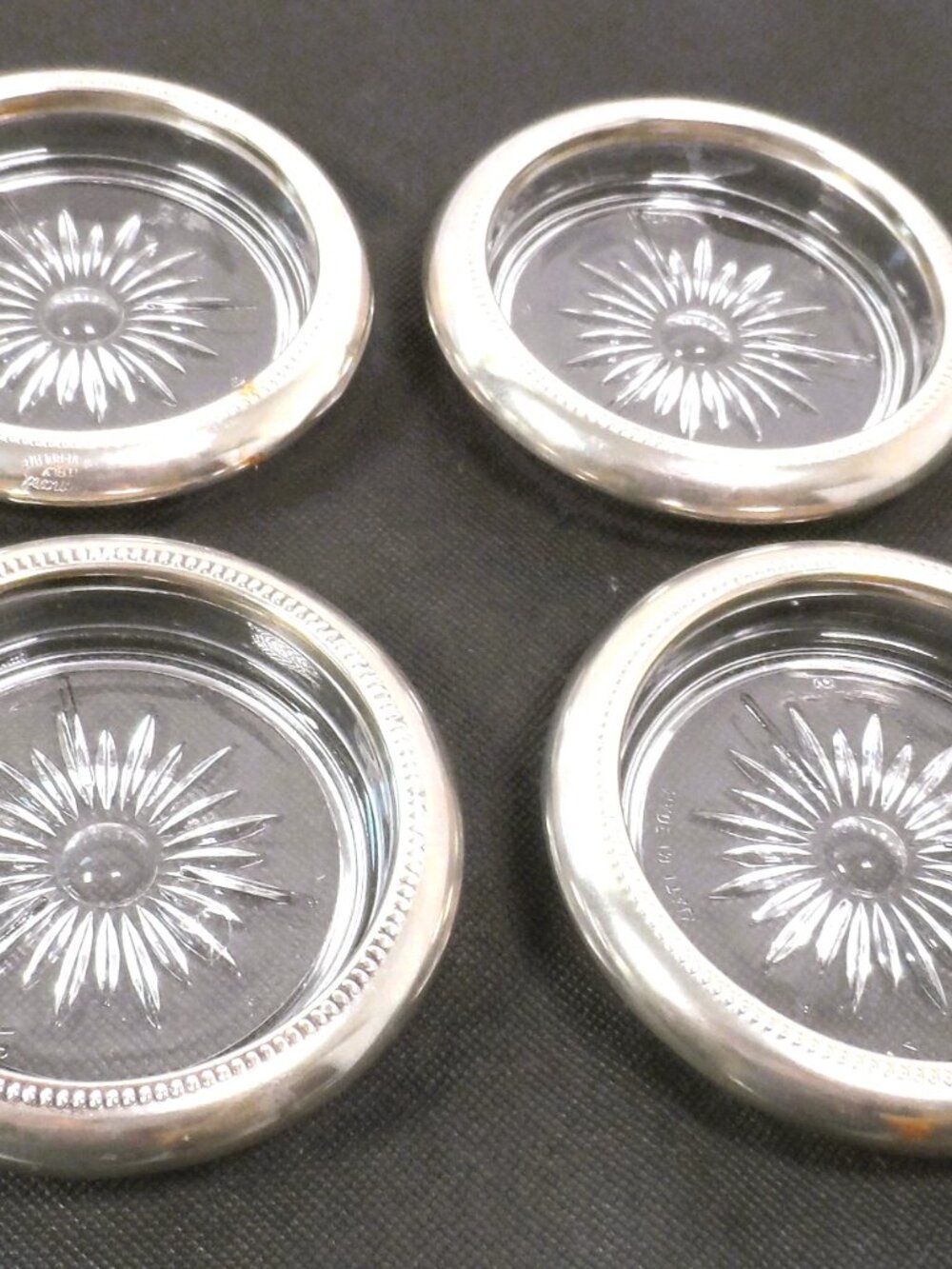 4 Coasters Silver Plated & Crystal Made in Italy by Leonard - Vintage